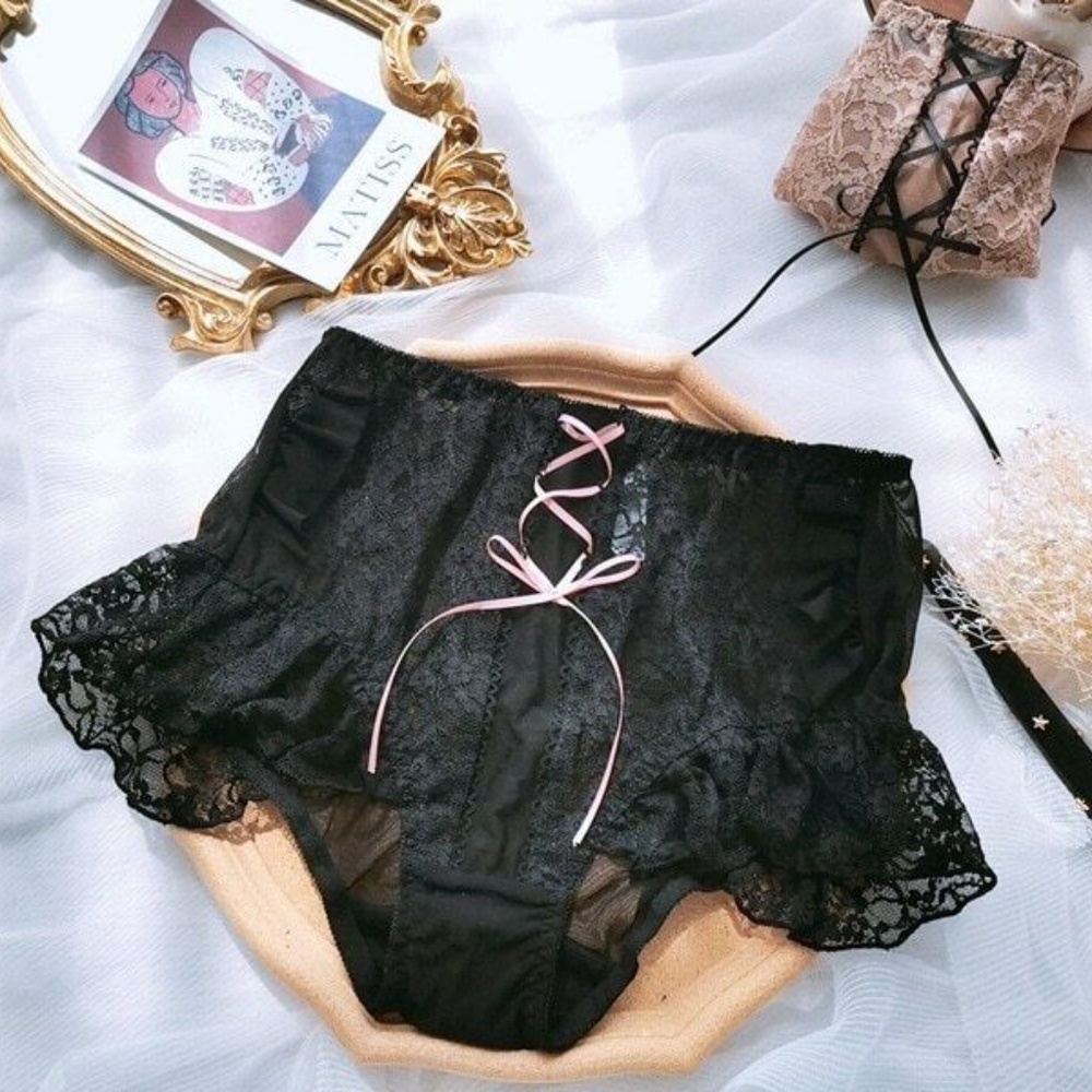 BLACK Plus size Lolita Kawaii Panties, Ruffle Lace Panties …